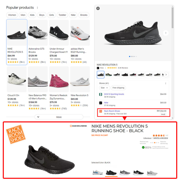 Popular products example - running shoes on Google SERP