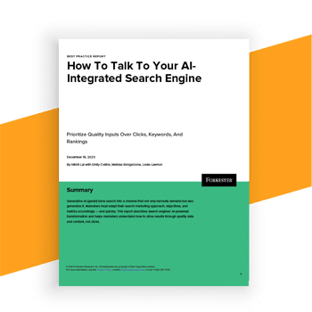 Forrester-report-thumbnail. GrowByData mentioned in Forrester report Dec 2023 on How to Talk to your AI integrated search engine.