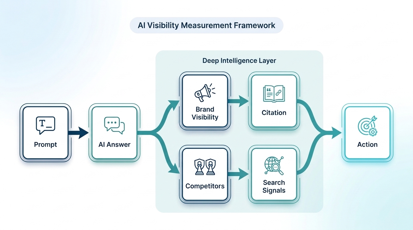 AI prompt tracking framework showing how prompts connect with AI answers, brand visibility, citations, competitors, search signals, and actions.