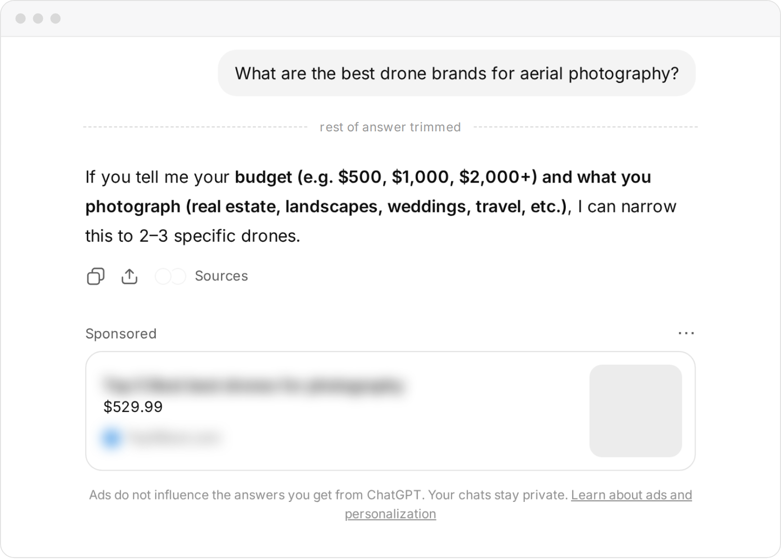 ChatGPT answer about drone brands with a sponsored shopping ad below it, showing a headline, price, advertiser domain and the Sponsored label