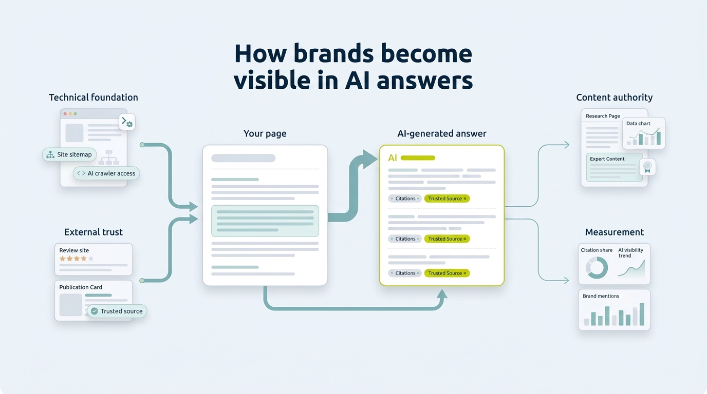 Generative engine optimization best practices: how technical foundation, external trust, and content authority lead to brand citations in AI answers, and how to measure them