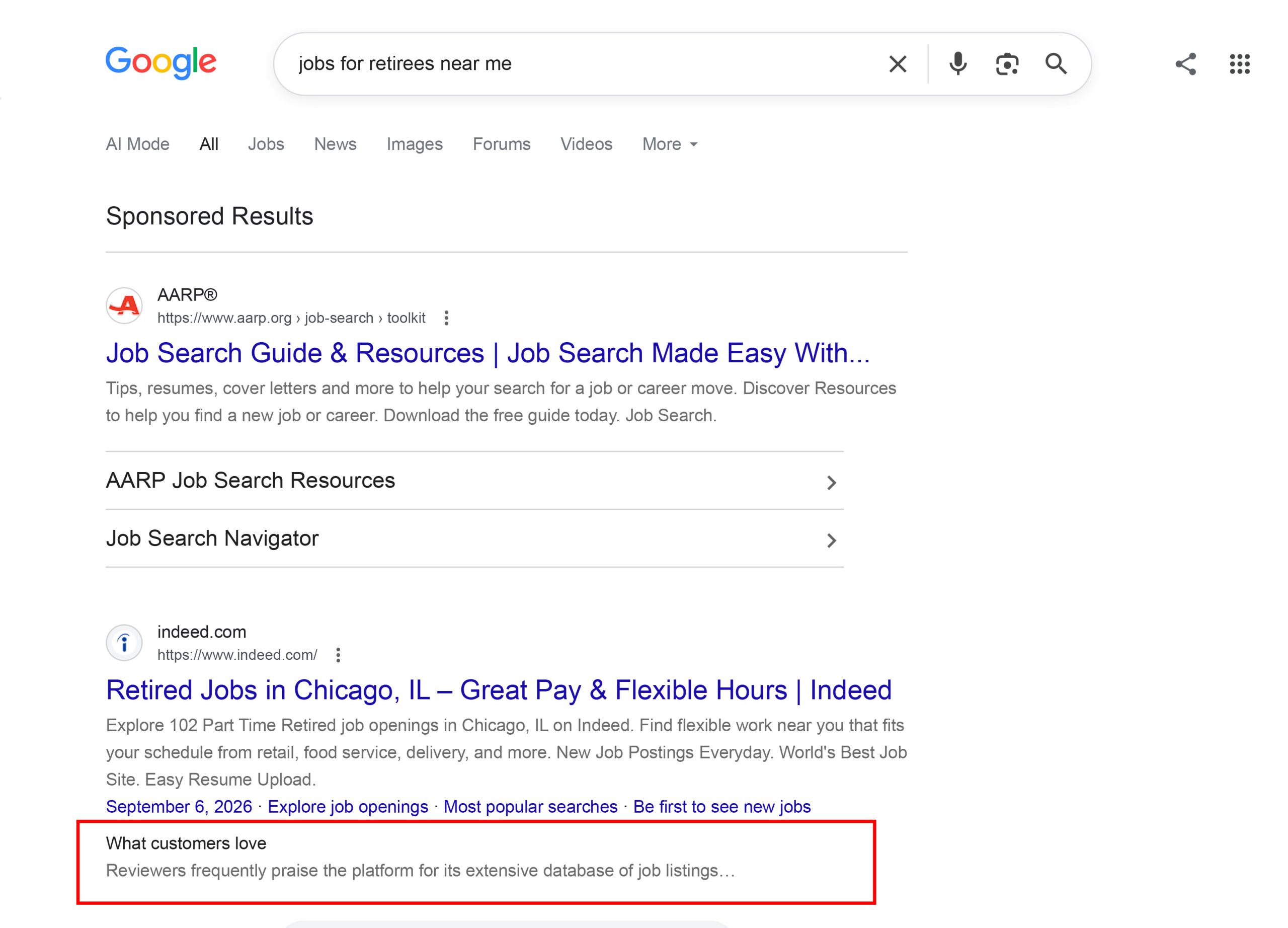 Google Search sponsored ad showing What Customers Love AI summary
