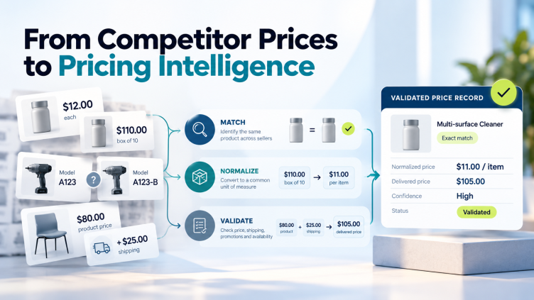 Competitive price intelligence workflow showing product matching, price normalization, validation, and decision-ready ecommerce pricing data