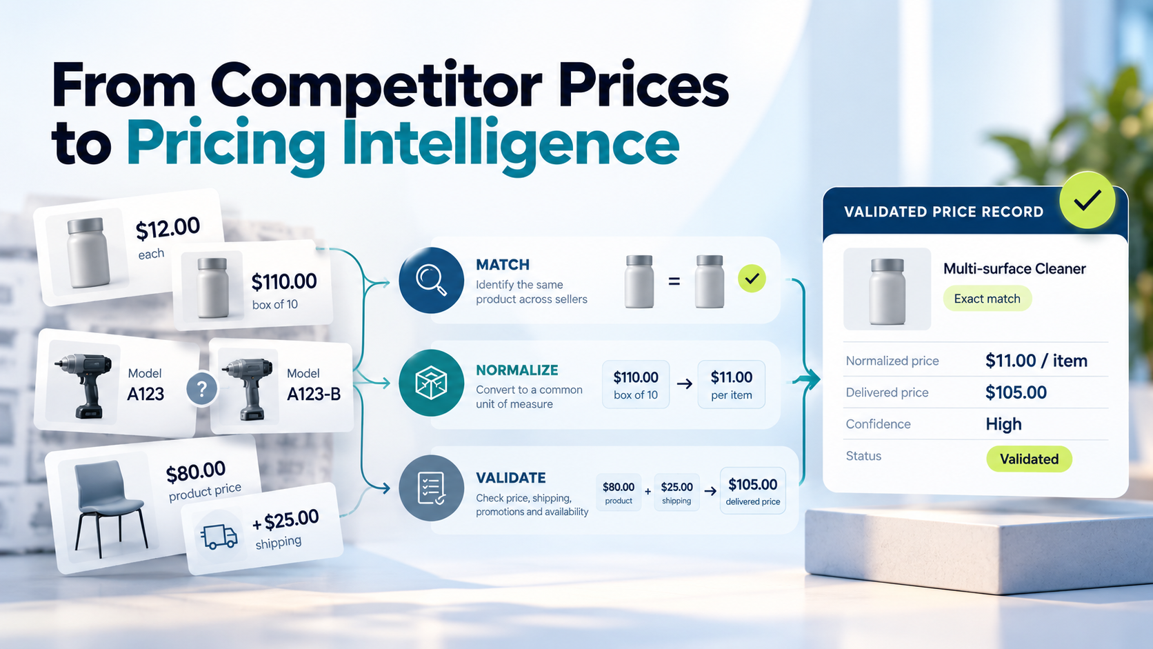 Competitive price intelligence workflow showing product matching, price normalization, validation, and decision-ready ecommerce pricing data
